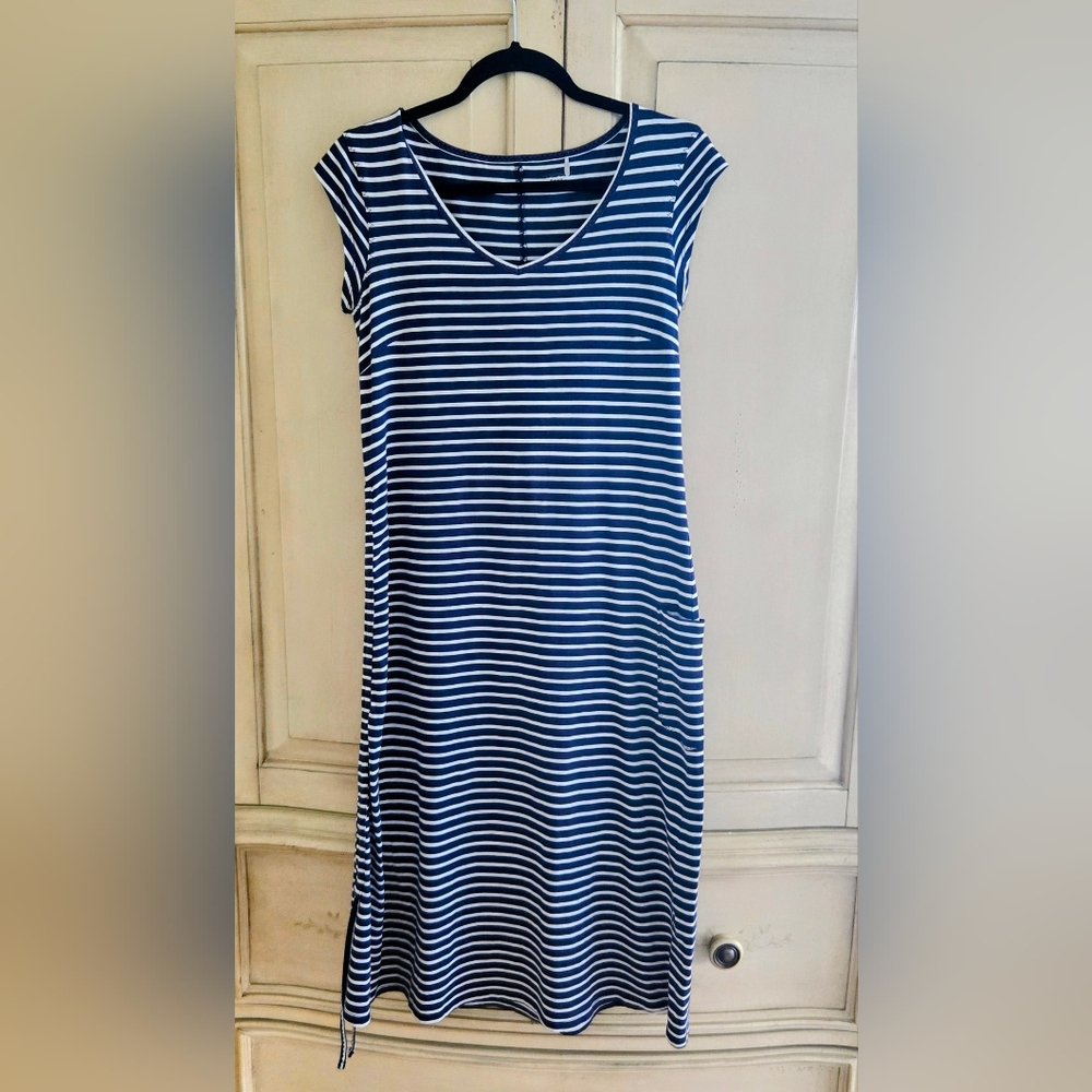 Toad&Co Navy and White Striped Midi Dress